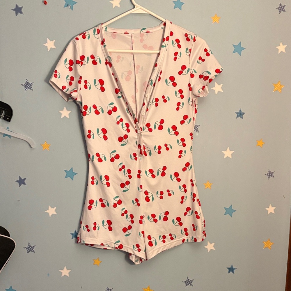 SHEIN White Cherry Print Romper